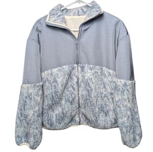 New Cozy Blue White Fleece Jacket Full Front Zipper Fast Dry Recycled Polyester